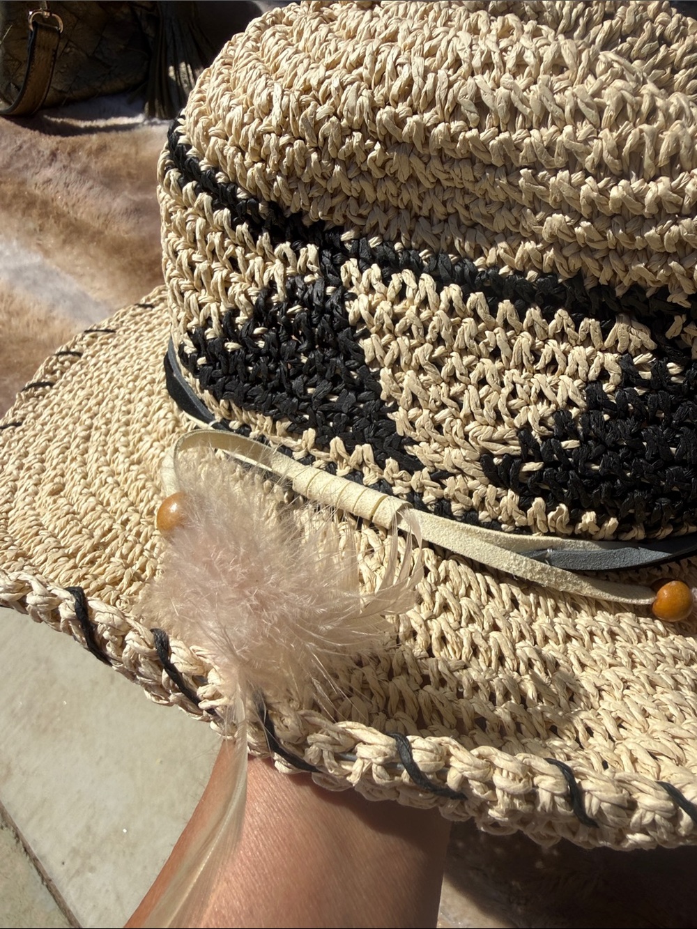 Peter Grimm New Aztec 3 band/ feathers Natural Straw Crochet Hat Black Accents - Picture 8 of 11